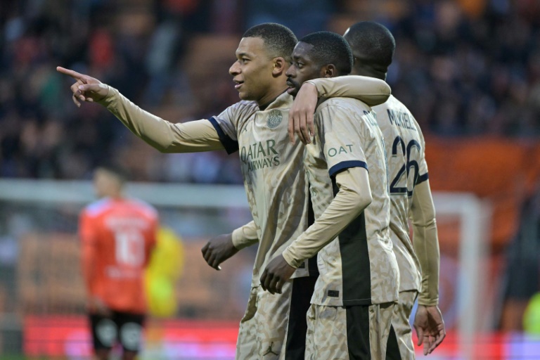 Kylian Mbappe and Ousmane Dembele starred as Paris Saint-Germain won 4-1 at Lorient (DAMIEN MEYER)